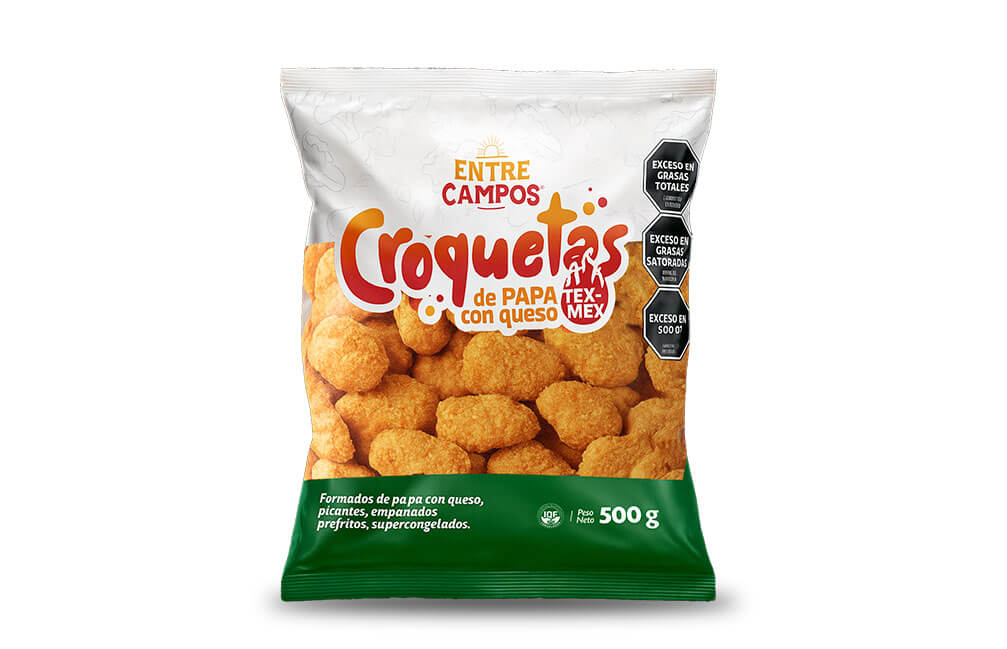 Croquetas de papa estilo tex-mex - Caja de 5 kg – Flow pack de 500 gr.