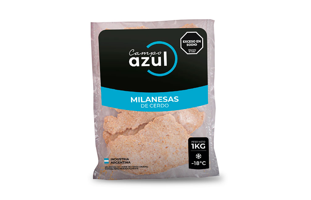 Milanesa de cerdo: Caja de 5 kg – Flow pack de 1 kg.