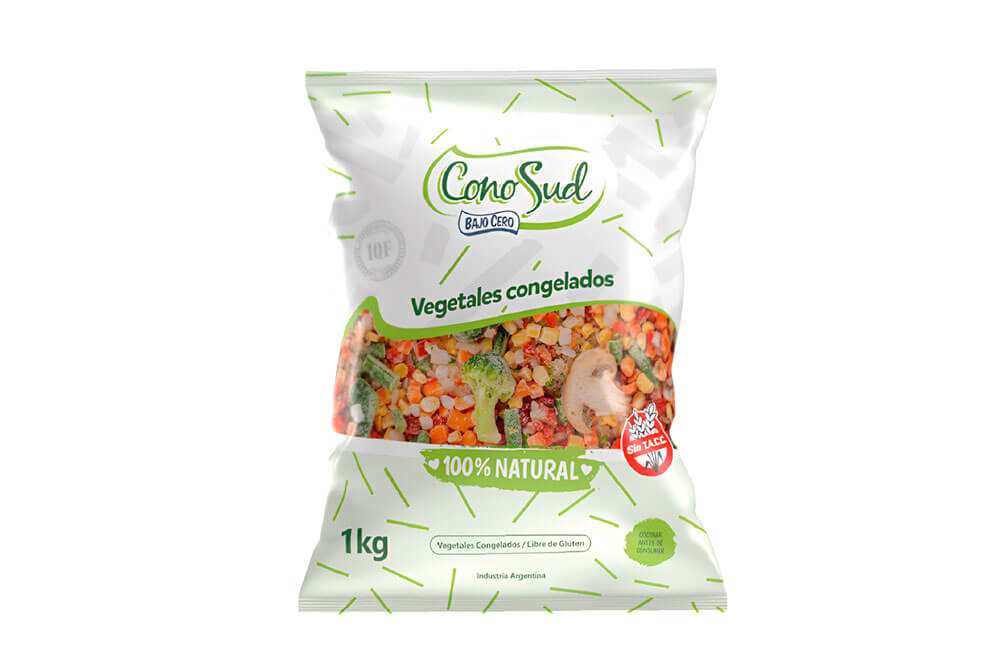 Mix wok vegetal (Cebolla, pimiento, choclo, chaucha, zanahoria, brócoli y hongos): Caja de 5 kg – Flow pack de 1 kg.