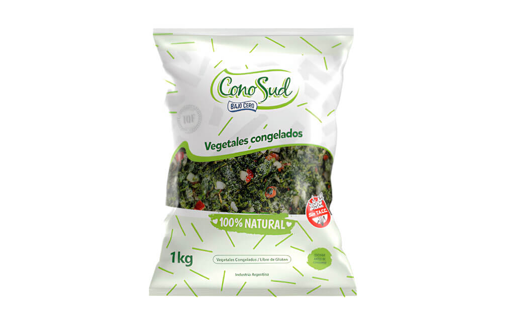 Relleno de tarta de espinaca (Espinaca, cebolla y morrón rojo): Caja de 5 kg – Flow pack de 1 kg.